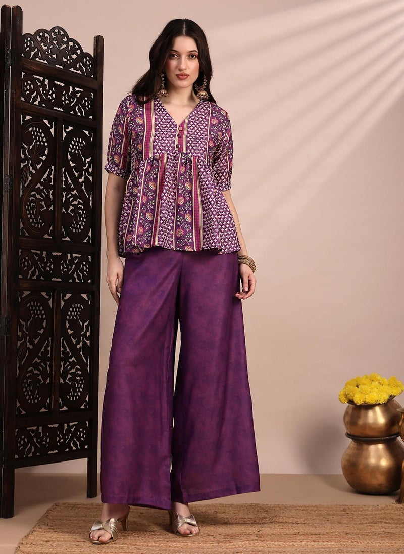 Globus Women Purple Ethnic Print V-Neck Gathered Detail Tunic & Mid Rise Wide Leg Trouser Fusion Co-Ord Set - Image 1